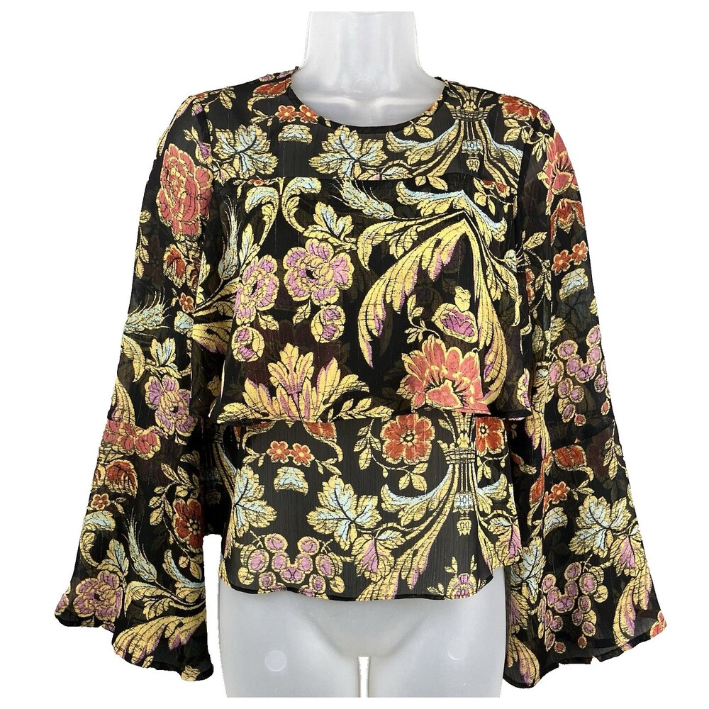 Belle Sky Floral Top XS Tiered Chiffon Bell Sleeve Fairy Boho Modest Career